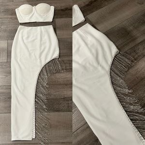 White Padded Underwire Rhinestone Fringe Skirt Two Piece Set | Hot Miami Styles